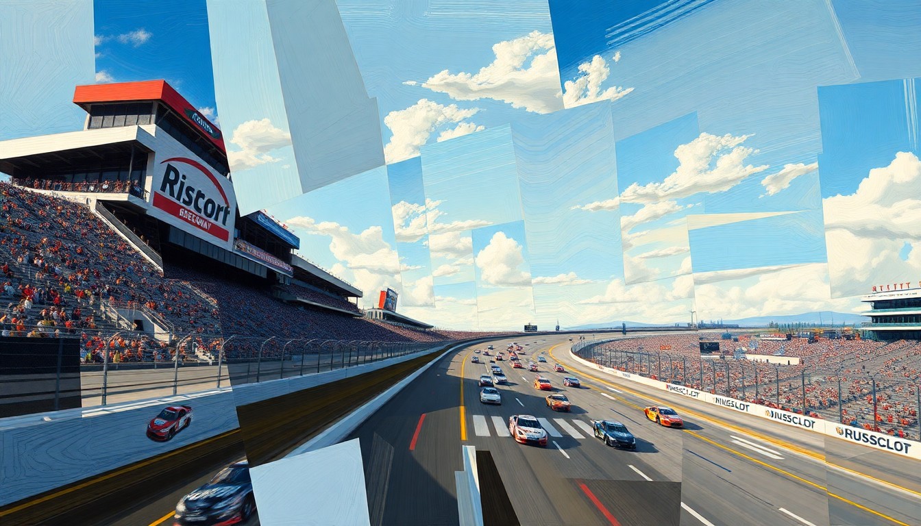 A vibrant, cubist-style painting depicting a NASCAR race at Bristol Motor Speedway, with the cars and track broken down into sharp, overlapping geometric shapes and planes of color, conveying the speed and intensity of the competition.