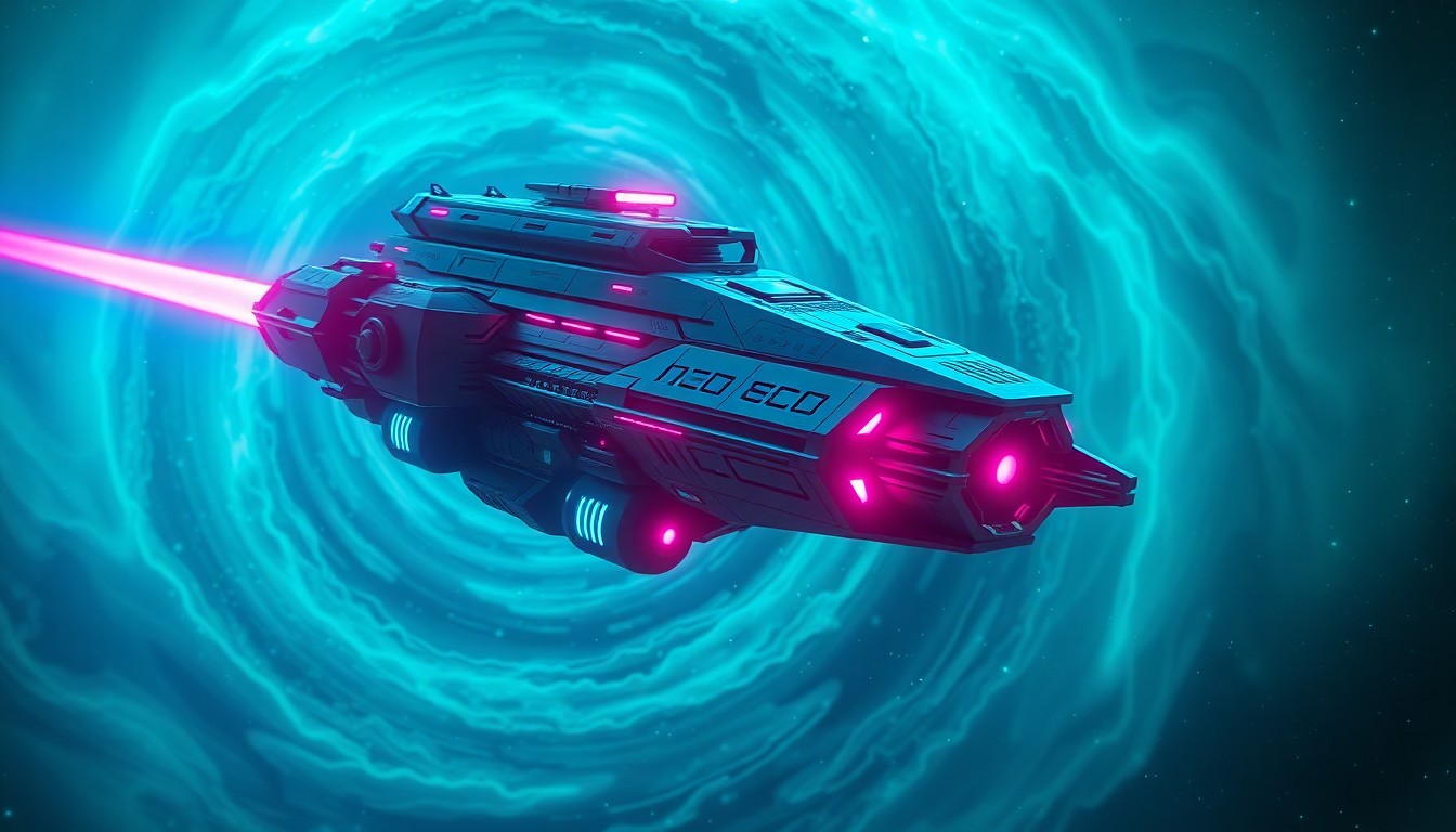 A highly detailed, glowing 3D illustration of a futuristic starship navigating through a swirling cosmic nebula, with neon cyan and magenta lights illuminating the ship's intricate machinery and systems. The image conceptually represents the scale and technological complexity of the Starfield universe.