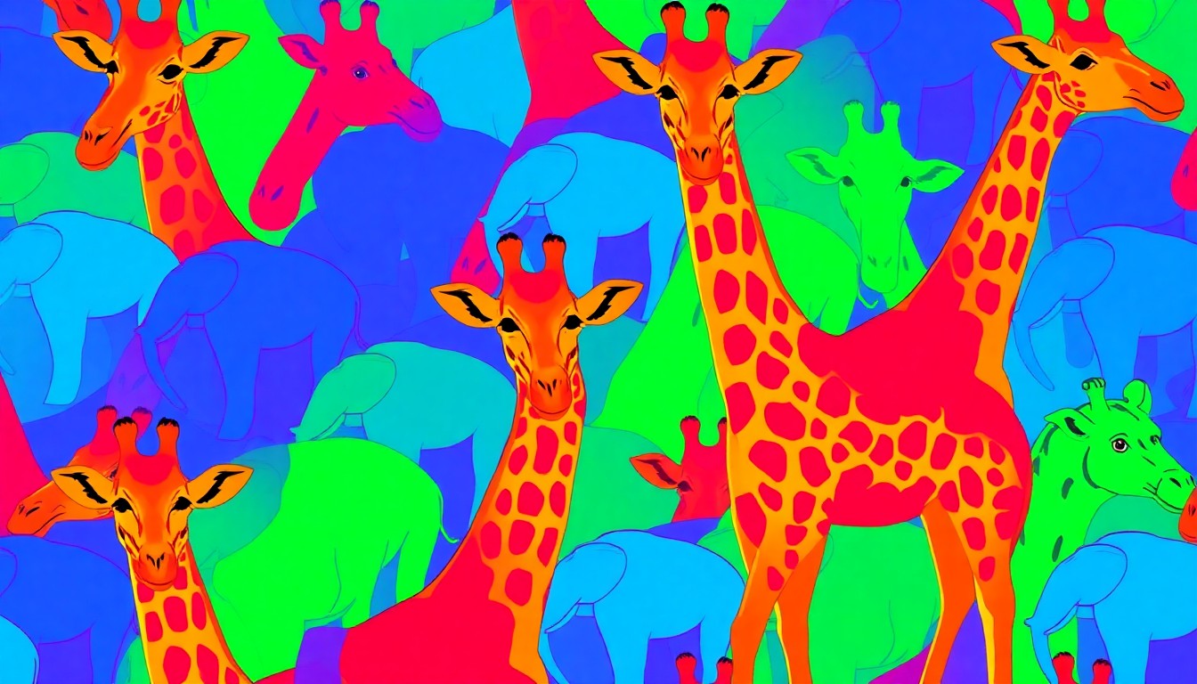 A bold, colorful silkscreen-style illustration featuring a grid of stylized zoo animal icons in vibrant neon hues, conceptually representing the energy and popularity of the Oklahoma City Zoo.