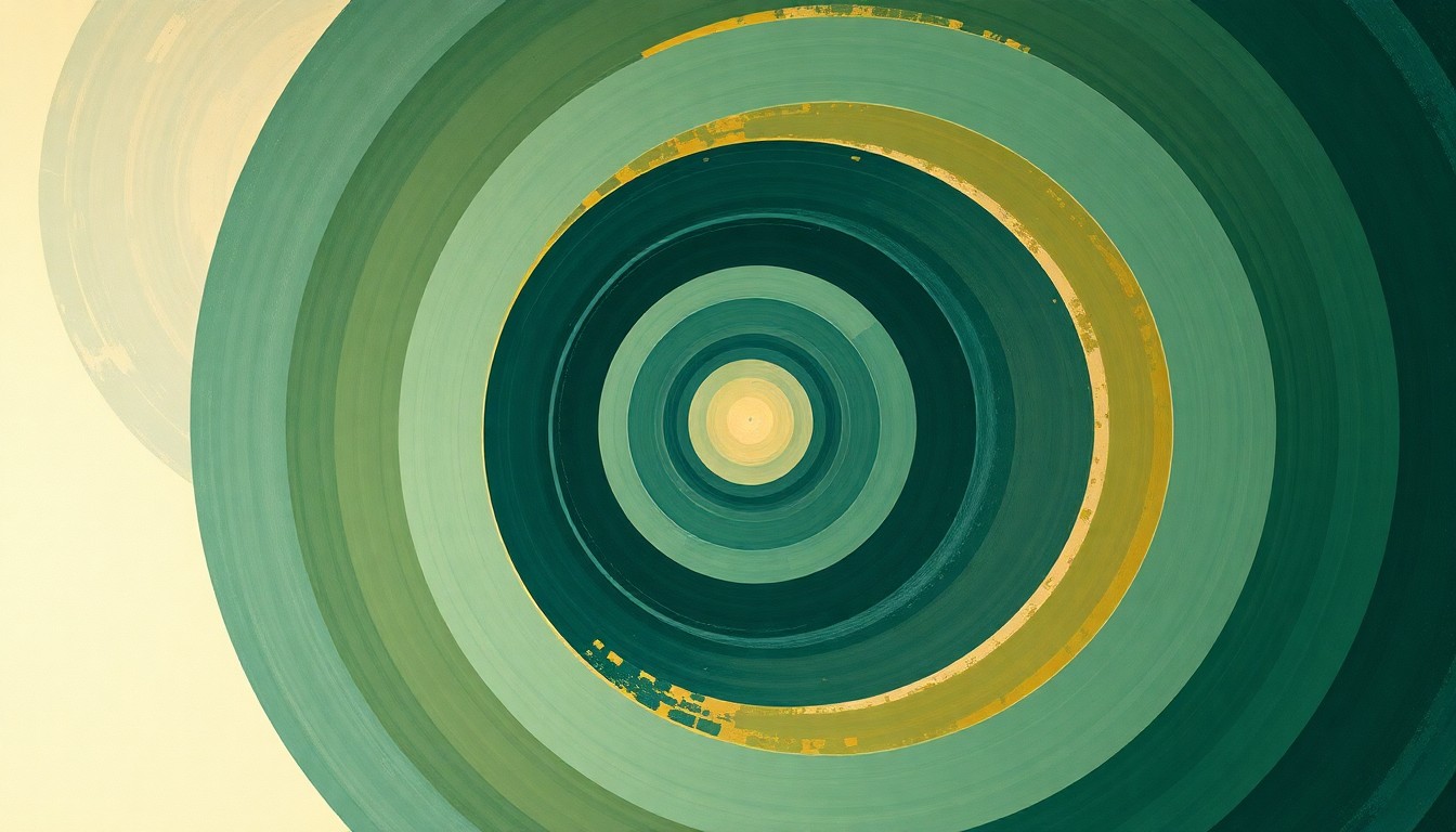 A highly structured abstract painting in soft, earthy tones of green, blue, and ochre, featuring sweeping geometric arcs, concentric circles, and precise botanical spirals, conceptually representing the delicate balance of natural forces and biological systems that govern the Año Nuevo elephant seal colony.