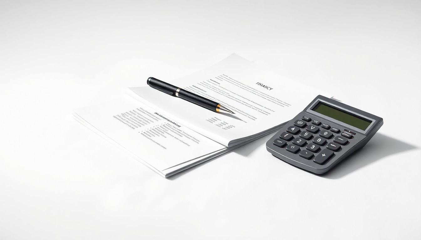 A minimalist studio still life featuring a stack of financial documents, a pen, and a calculator arranged elegantly on a clean, white background, conceptually representing the abstract concepts of healthcare finance and strategic advisory services.