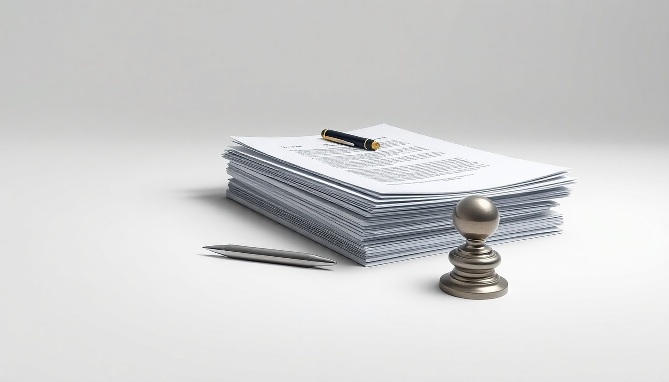 A minimalist, photorealistic studio still life featuring a stack of financial documents, a pen, and a polished metal paperweight on a clean, monochromatic background, symbolizing the precision and attention to detail that CapWealth brings to wealth management.