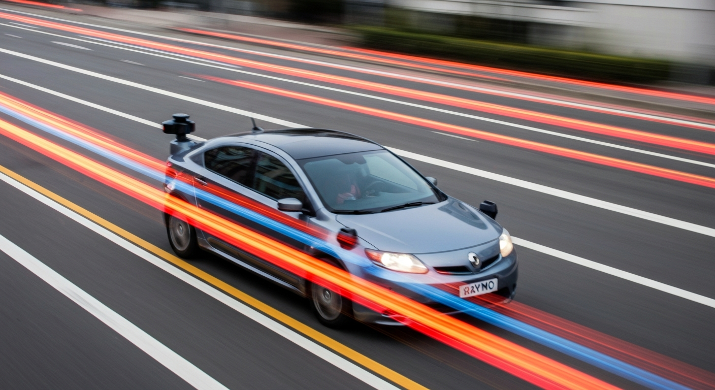 A blurred, abstract photograph depicting a Waymo self-driving car in motion, with vibrant streaks of color representing the vehicle's speed and dynamism.