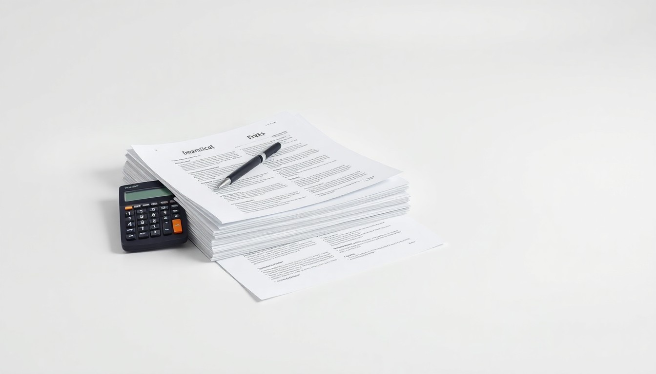 A minimalist, photorealistic studio still life featuring a stack of financial documents, a pen, and a calculator arranged elegantly on a clean, monochromatic background, symbolizing the abstract concepts of corporate finance, risk, and potential legal issues.