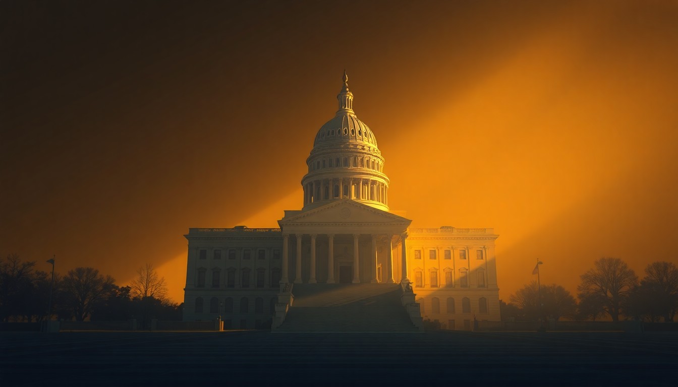 A photorealistic painting of an empty state capitol building in warm, golden light, with deep shadows stretching across the facade, conveying a sense of political uncertainty and division.