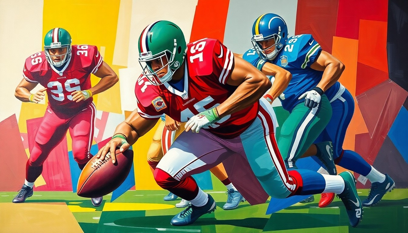 A fragmented, geometric painting depicting a defensive tackle making a tackle, with sharp planes of color representing the player's movement and the chaos of the play.