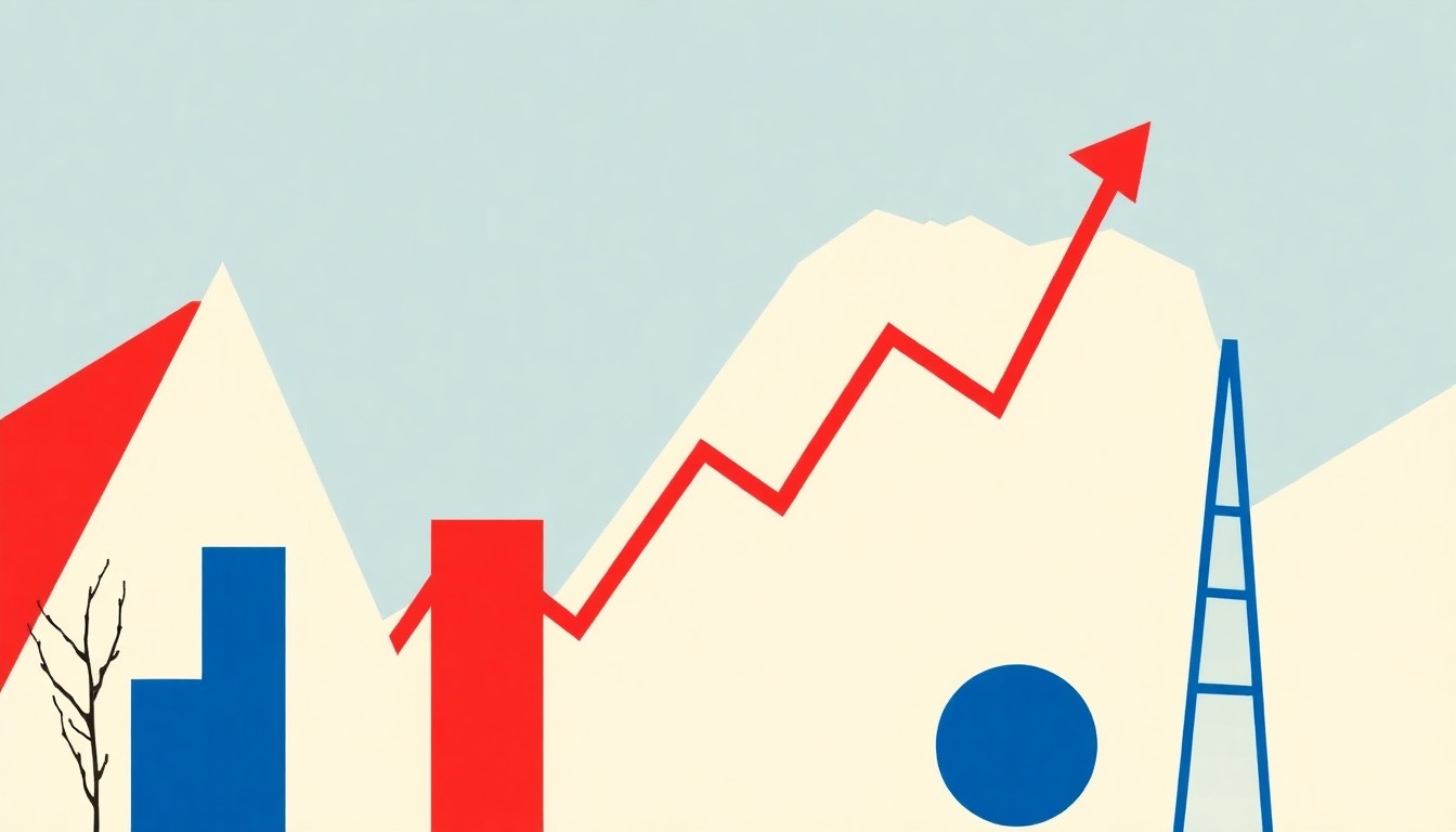 A minimalist, abstract illustration composed of bold geometric shapes in primary colors, conceptually representing the rise in US jobless claims and the economic factors contributing to labor market strain.