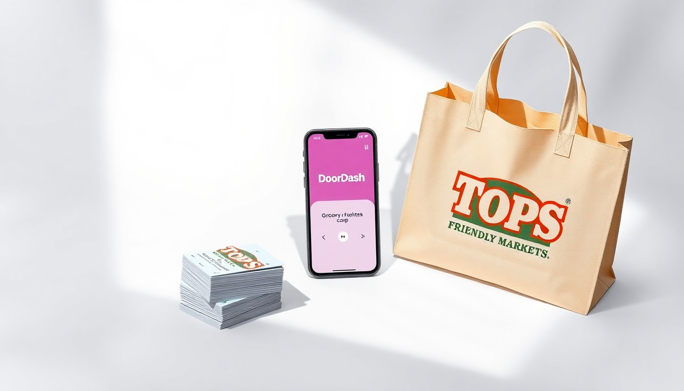 A photorealistic studio still life featuring a stack of SNAP/EBT cards, a smartphone displaying the DoorDash app, and a reusable Tops Friendly Markets grocery bag, all arranged elegantly on a clean, white background with dramatic lighting and shadows.