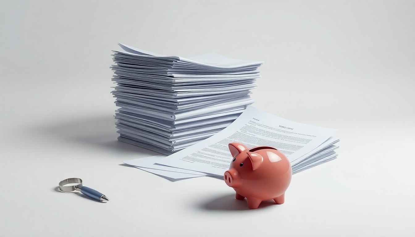 A photorealistic studio still-life featuring a stack of legal documents and a broken piggy bank, symbolizing the legal and financial challenges facing Pixie Dust Technologies.