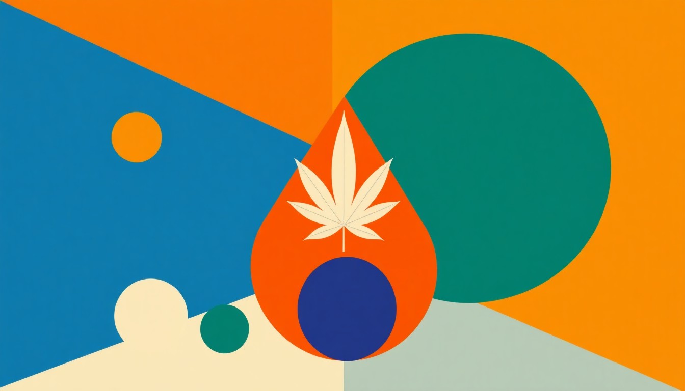 A vibrant, abstract composition of overlapping geometric shapes in shades of green, blue, and yellow, representing the complex tax burden on the legal cannabis industry.