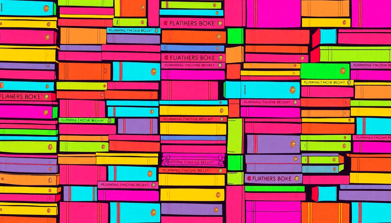 A bold, colorful silkscreen-style illustration featuring a repeating grid of stacked children's books in various bright neon hues, conceptually representing the organization's efforts to bring books to families in need.