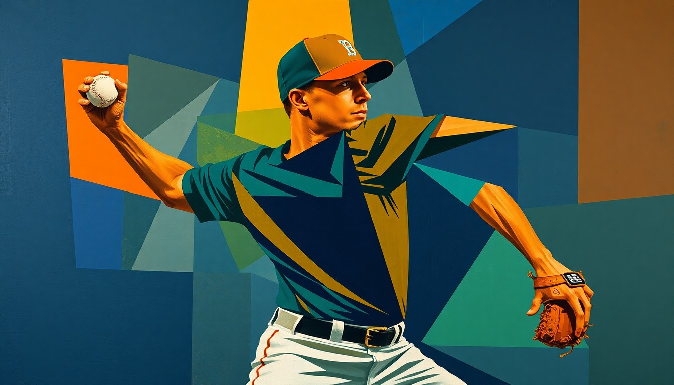 A cubist, geometric painting depicting the various angles and movements of a baseball pitcher's delivery, rendered in a palette of navy, green, and orange.