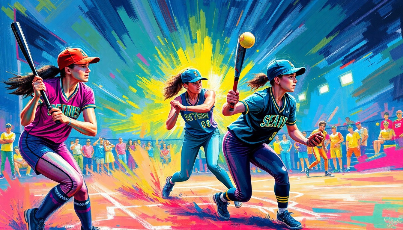 An abstract, energetic painting in neon colors depicting the dynamic motion and intensity of a high school softball game, conveying the excitement and pride of the community.