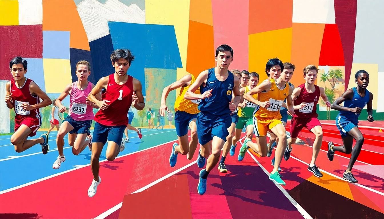 A cubist-style painting featuring fragmented, overlapping geometric shapes in bright colors representing athletes in motion, conveying the competitive spirit and energy of a middle school track and field event.