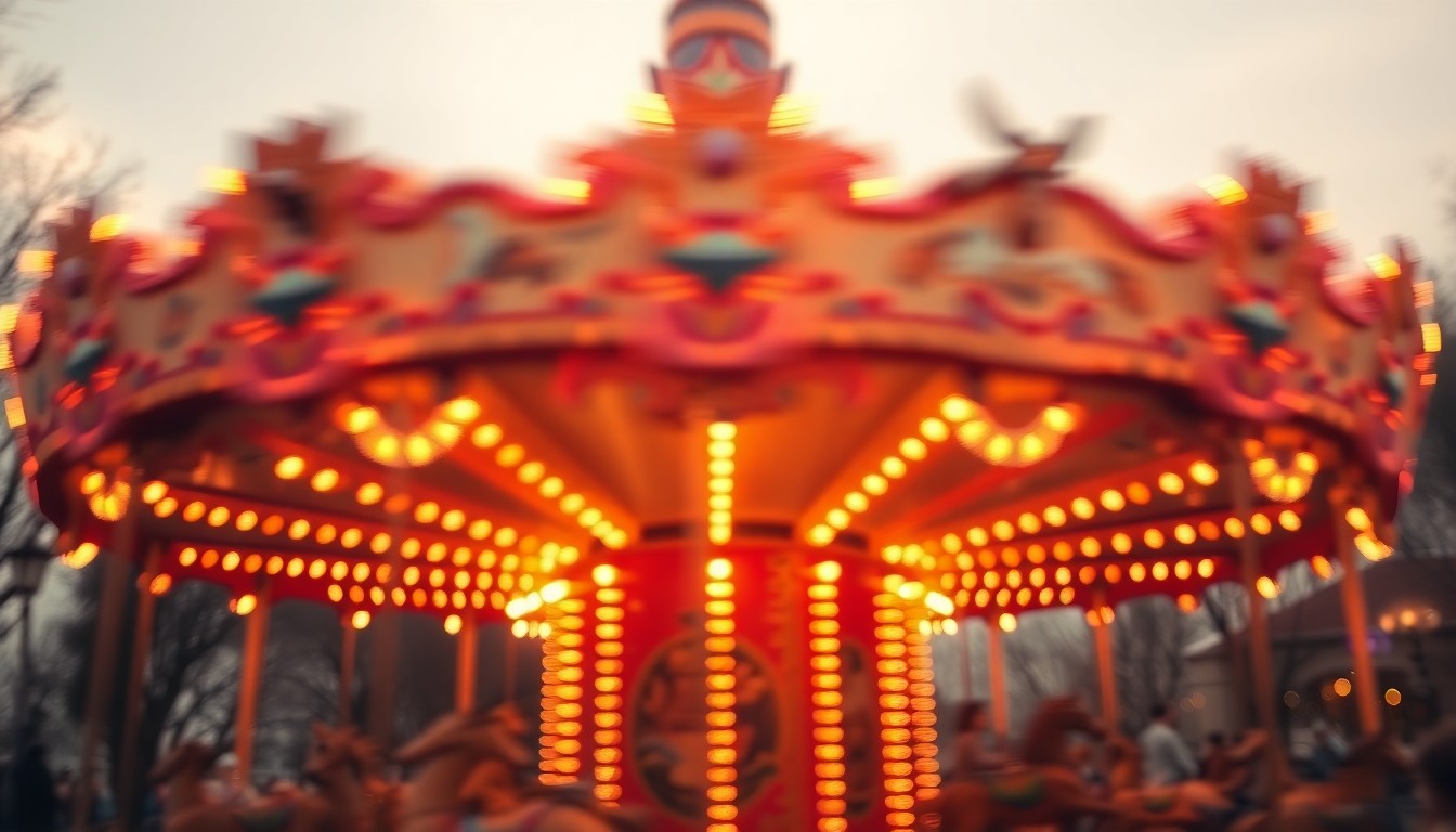 An extremely abstracted, out-of-focus photograph of a colorful carousel in a public park, composed entirely of soft pools of warm light and color, creating a dreamlike, atmospheric scene.