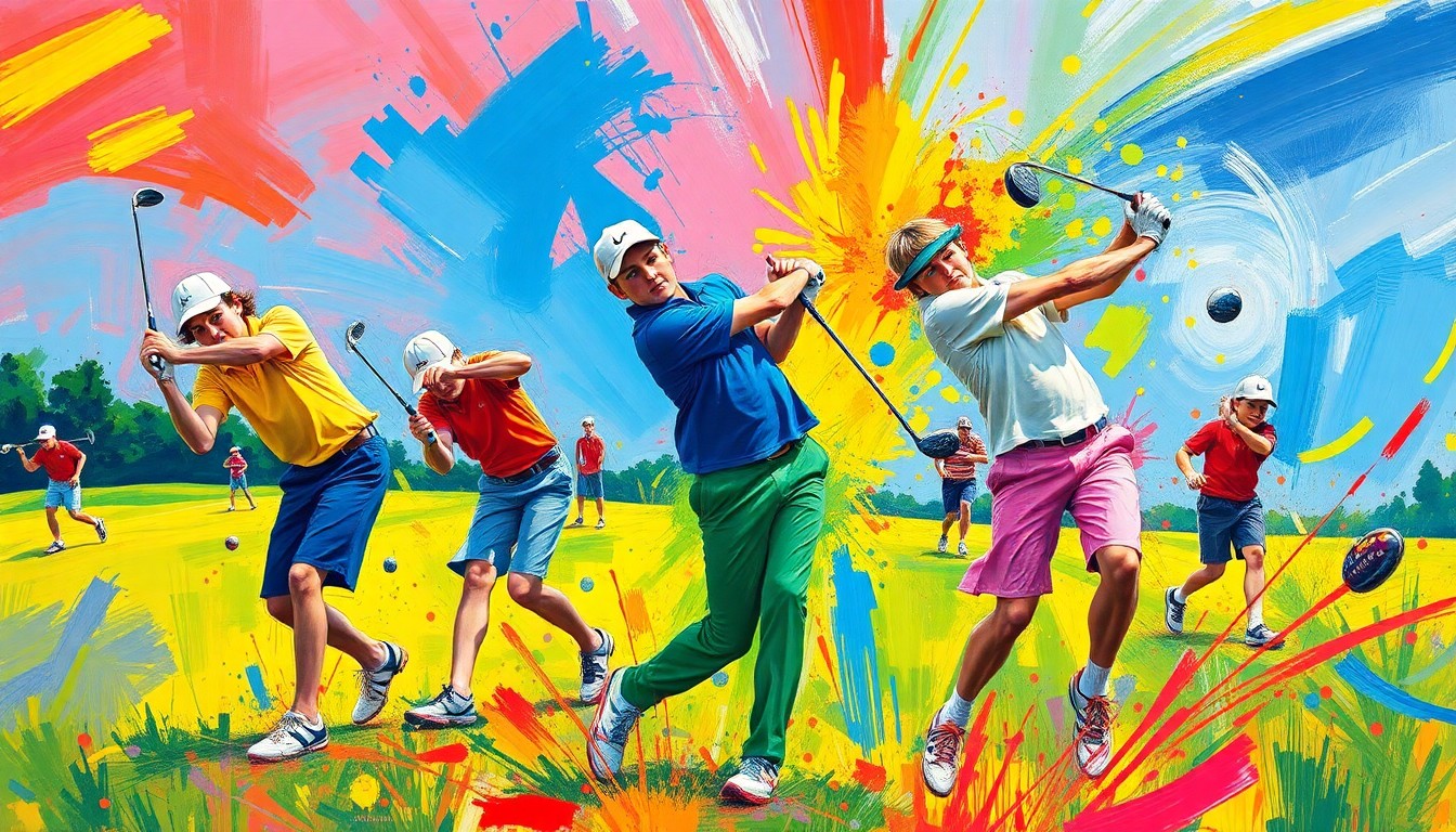 An abstract, energetic painting using bold, neon-like brushstrokes to capture the dynamic motion and competitive spirit of a middle school golf match.