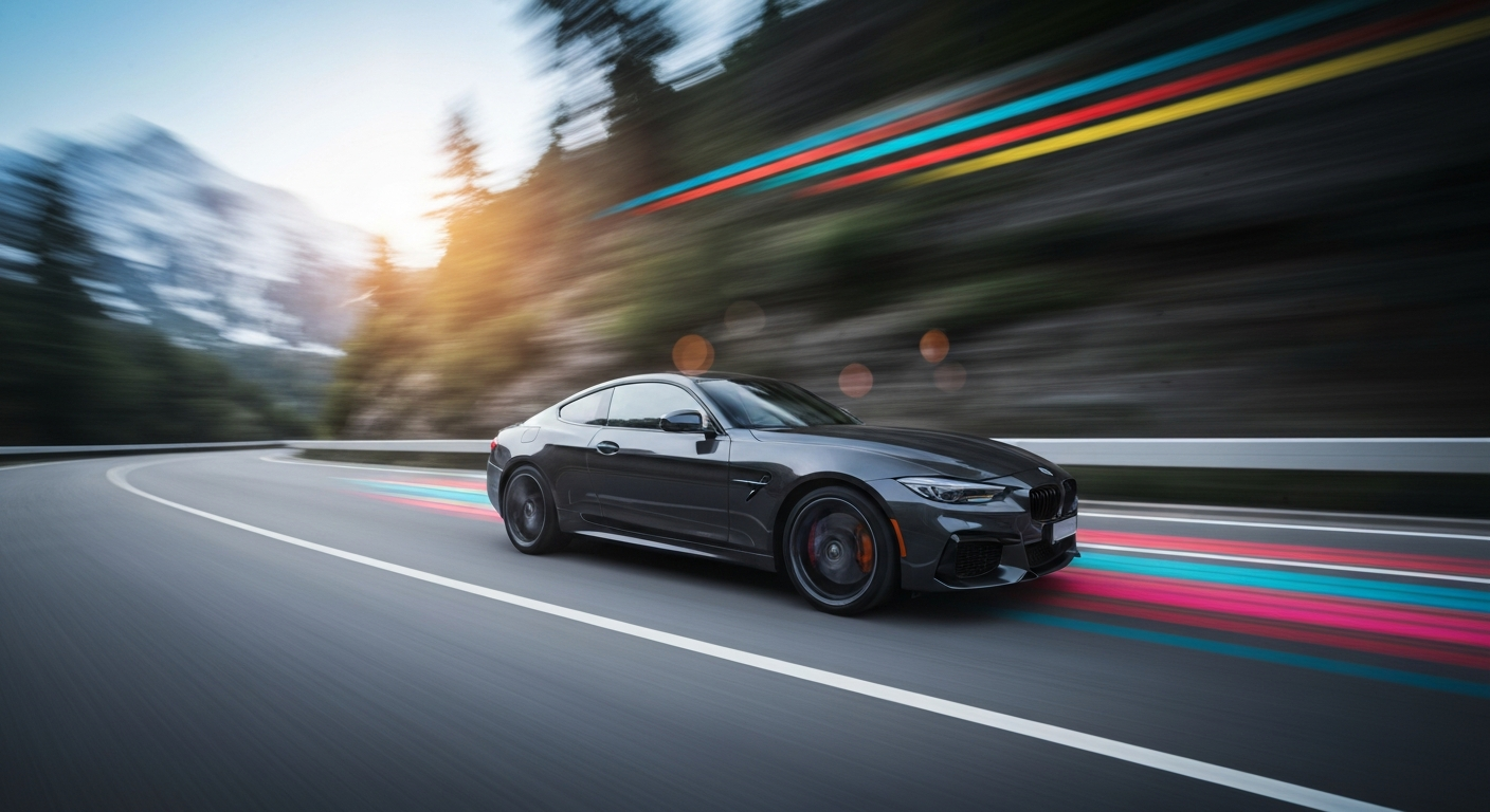 A blurred, abstract image of a Volkswagen electric SUV in motion, with streaks of vibrant colors conveying a sense of speed and power.
