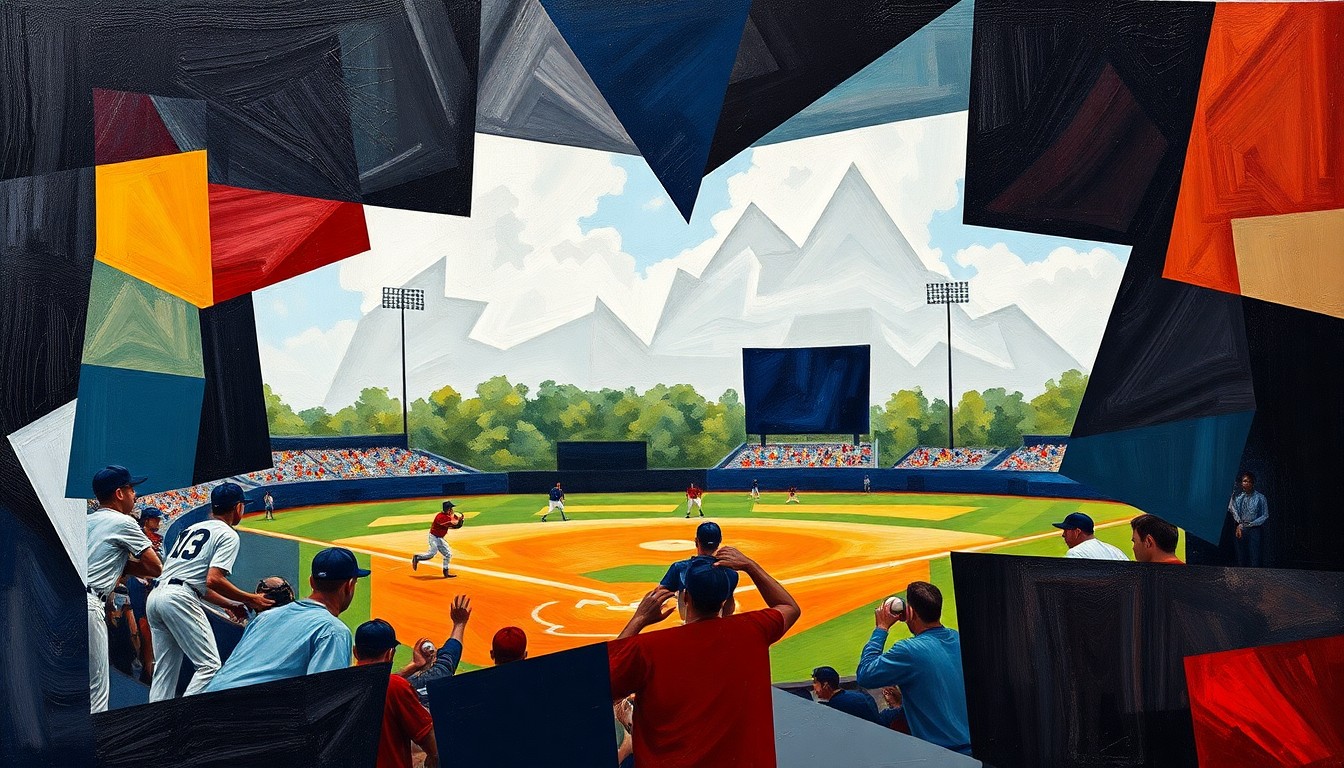 A cubist-style painting featuring overlapping geometric shapes and planes of color, representing a high school baseball game in an abstract, deconstructed manner.