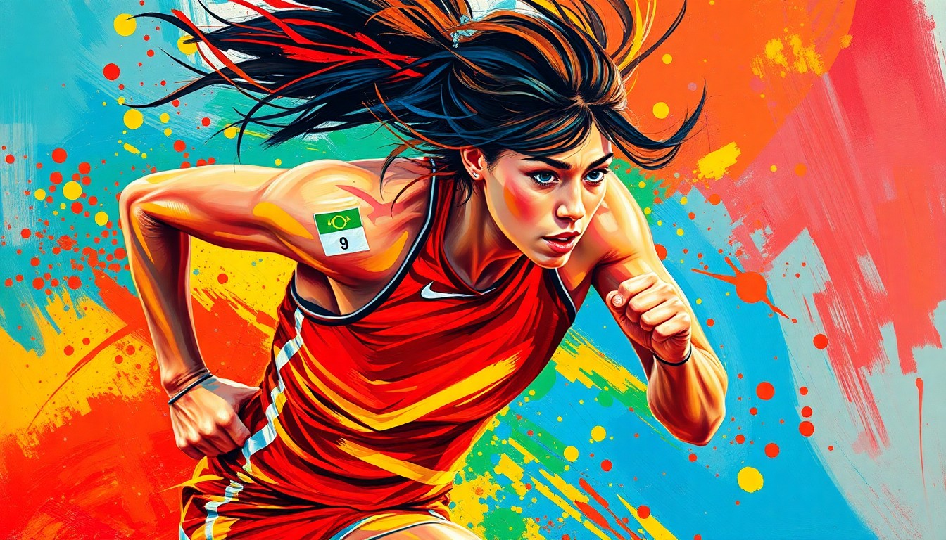 An extreme close-up of Ivy Watson's legs in mid-stride, captured in a vibrant, expressionist painting style with neon colors and rapid brushstrokes, conveying the raw energy and power of her athletic prowess.