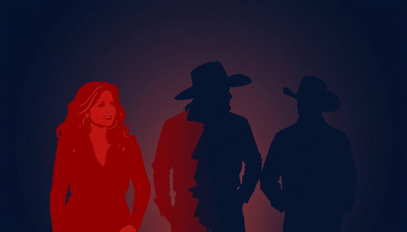 An abstract, minimalist illustration composed of striking, angular silhouettes in deep red, orange, and blue tones, conceptually representing the iconic country music stars nominated for ACM Awards.