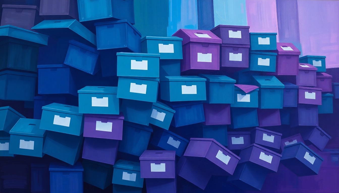 An abstract, fragmented painting of ballot boxes in motion, rendered in shades of blue and violet, conceptually representing the turbulence and uncertainty surrounding the Riverside County election probe.