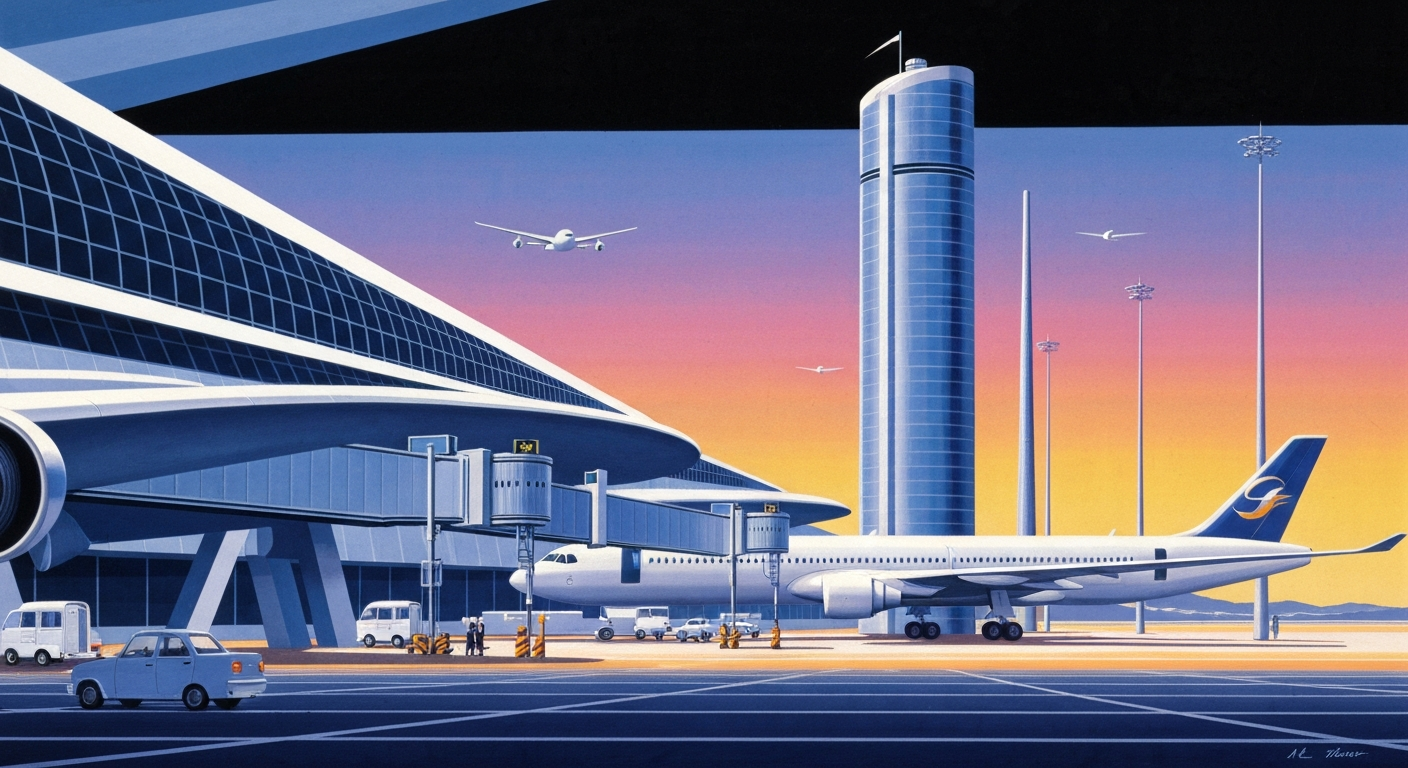 A highly stylized, geometric illustration depicting the grand scale and sleek design of an airport terminal or aircraft, conveying the conceptual idea of international air travel without any literal depictions.