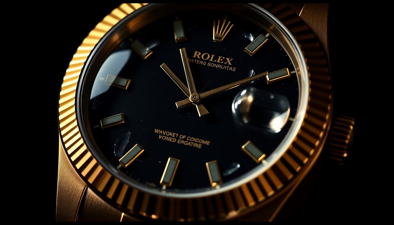An extreme close-up photograph of a gold Rolex watch face with a shattered crystal, conveying the violent and sudden nature of the crime.