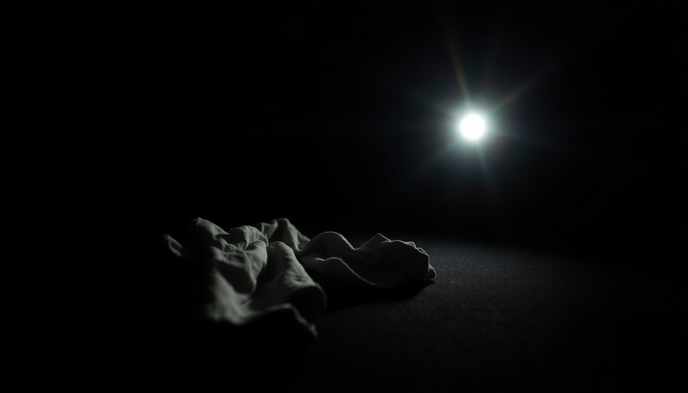 An extreme close-up photograph of a discarded item of clothing, such as a shoe or piece of fabric, illuminated by a harsh, direct camera flash against a pitch-black background, conceptually representing the evidence gathered at a crime scene.