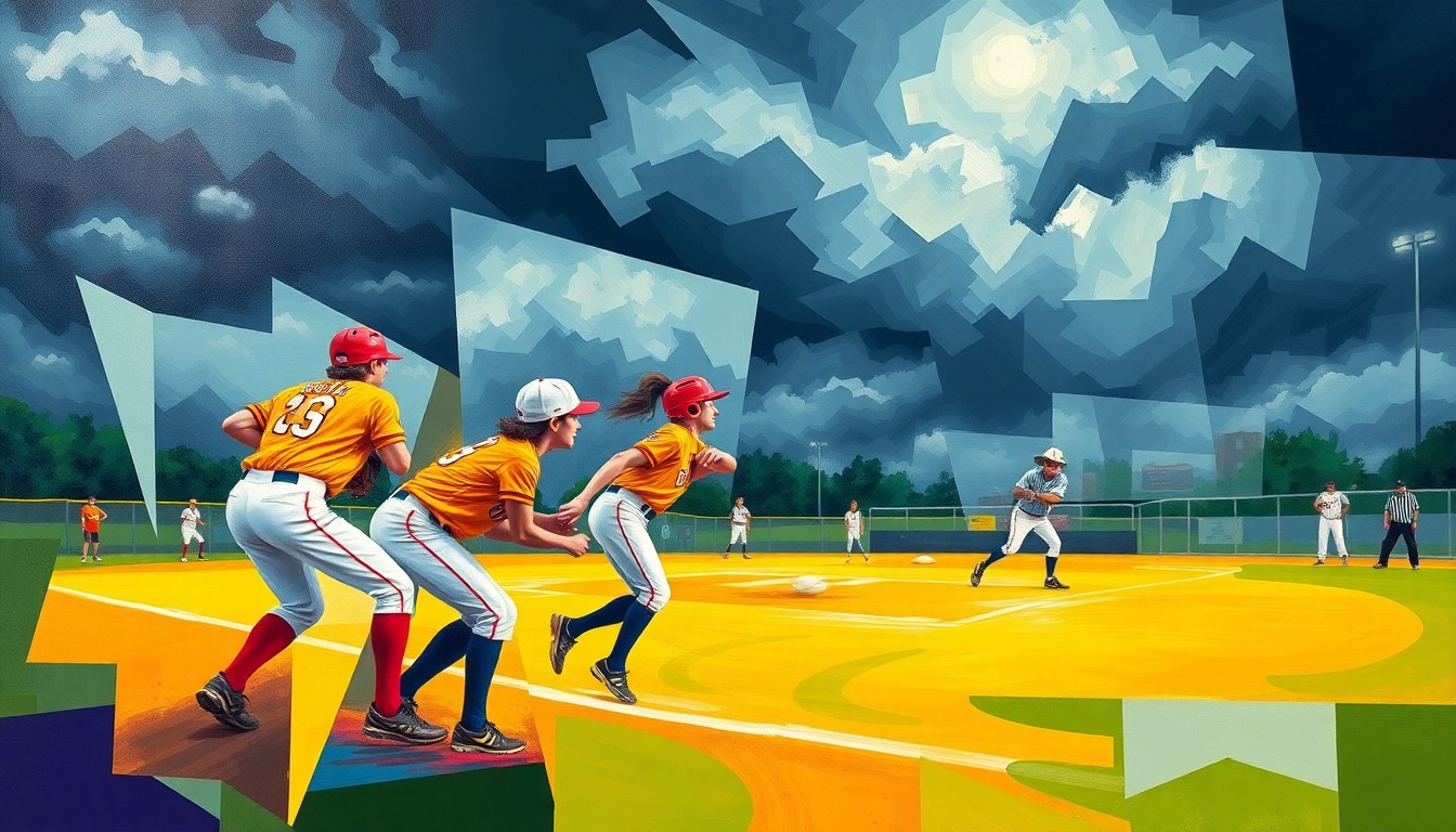A fractured, cubist-style painting depicting the dynamic action of a high school softball game, with the players and field rendered in sharp, overlapping geometric shapes and planes of vibrant colors against a dark, stormy backdrop.