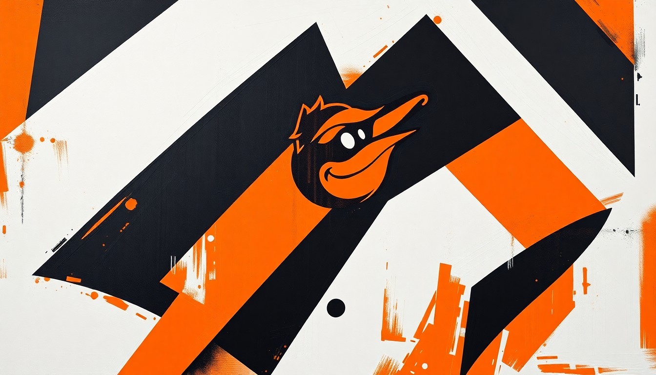 A fragmented, geometric painting depicting the Orioles' new City Connect uniform design, with sharp planes of orange, black, and white overlapping to create a dynamic, abstract representation of the team's Baltimore-inspired look.