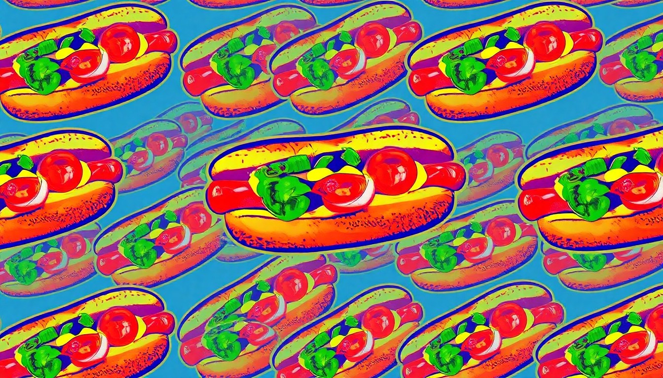 A highly stylized, pop art-inspired illustration featuring a repeating grid of colorful, neon-hued Chicago-style hot dogs, capturing the vibrant energy and diverse flavors of this regional culinary specialty.