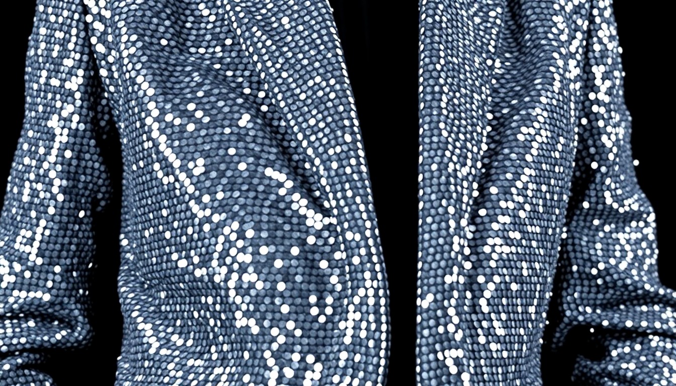 An extreme close-up of a sequined jacket texture, the glittering material filling the frame in dramatic high-contrast lighting, conceptually representing the glamour and showmanship of Barry Manilow's iconic music career.