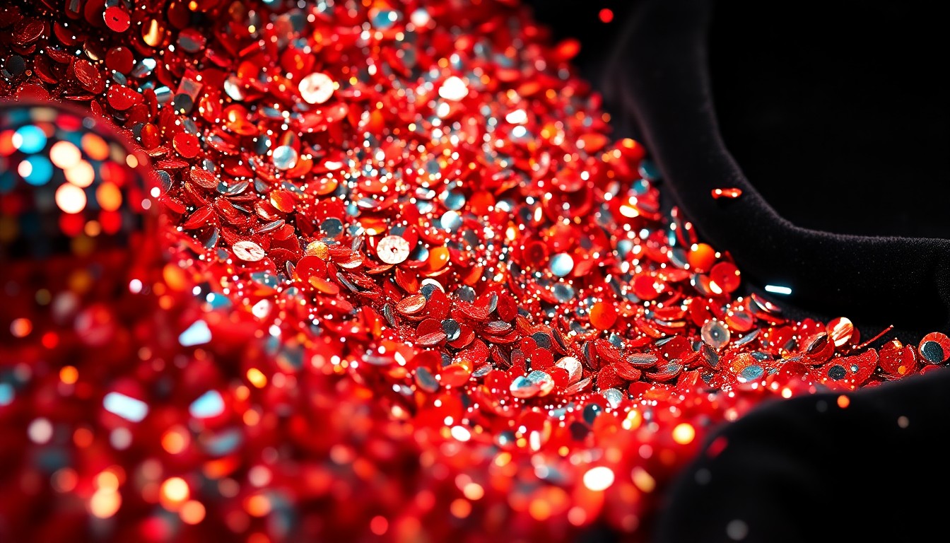 An abstract close-up photograph featuring a dramatic, high-contrast composition of shimmering, glittering textures like sequins and velvet, evoking the energy and excitement of a music-themed restaurant's grand opening celebration.