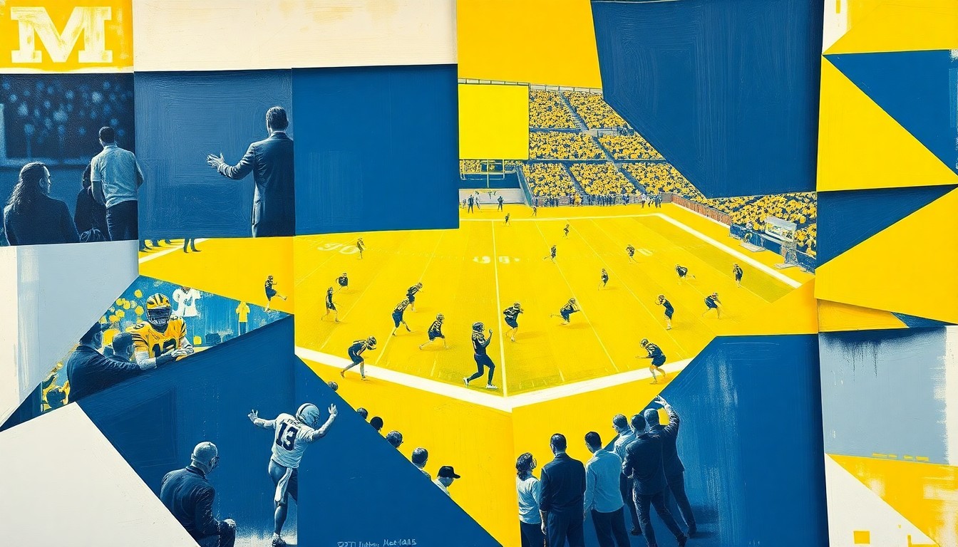 A cubist, geometric painting in shades of blue and yellow, depicting fragmented and overlapping views of a Michigan football game or practice, conveying the energy and intensity of the sport through an abstract, deconstructed visual style.