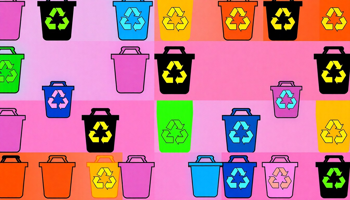 A highly stylized, abstract illustration of a recycling bin icon repeated in a grid pattern, using bright, neon-like colors and bold black outlines to create a modern pop art effect, conceptually representing the community-driven nature of the recycling event.