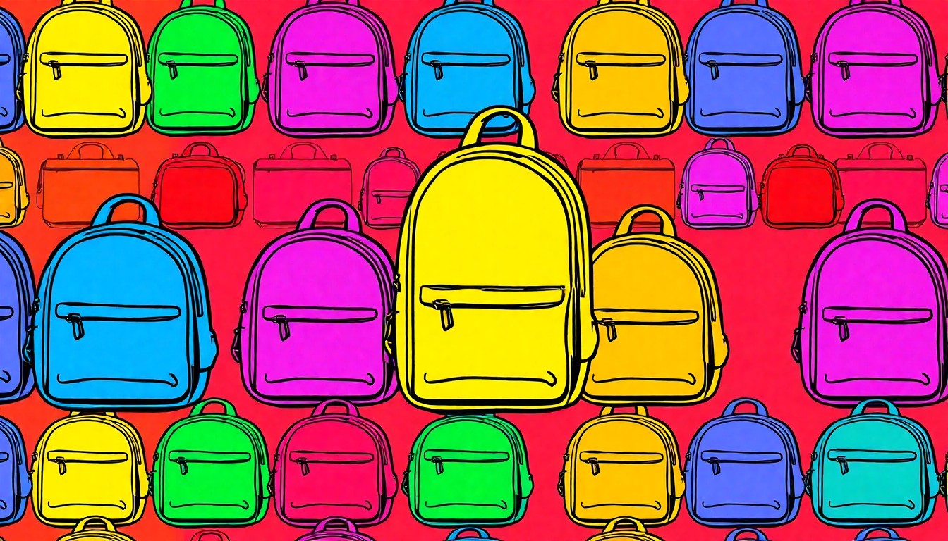 A brightly colored, high-contrast silkscreen print of a single, iconic school supply item such as a backpack, pencil, or notebook, repeated in a tight grid pattern in the style of Andy Warhol, conceptually representing the academic passions and community engagement of middle school students.