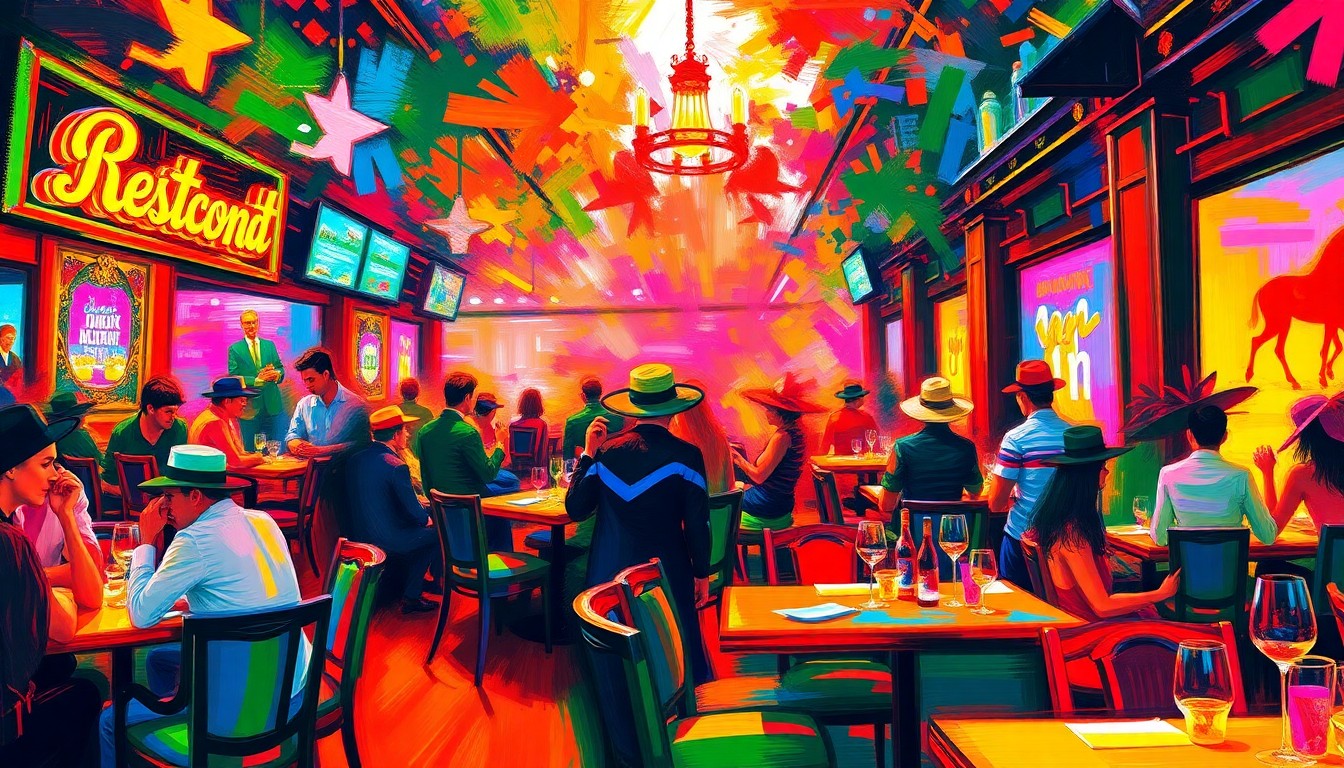 An abstract, textured painting in bright neon colors, with bold, expressive brushstrokes that evoke the lively atmosphere of a high-end restaurant during a major event like the Kentucky Derby.
