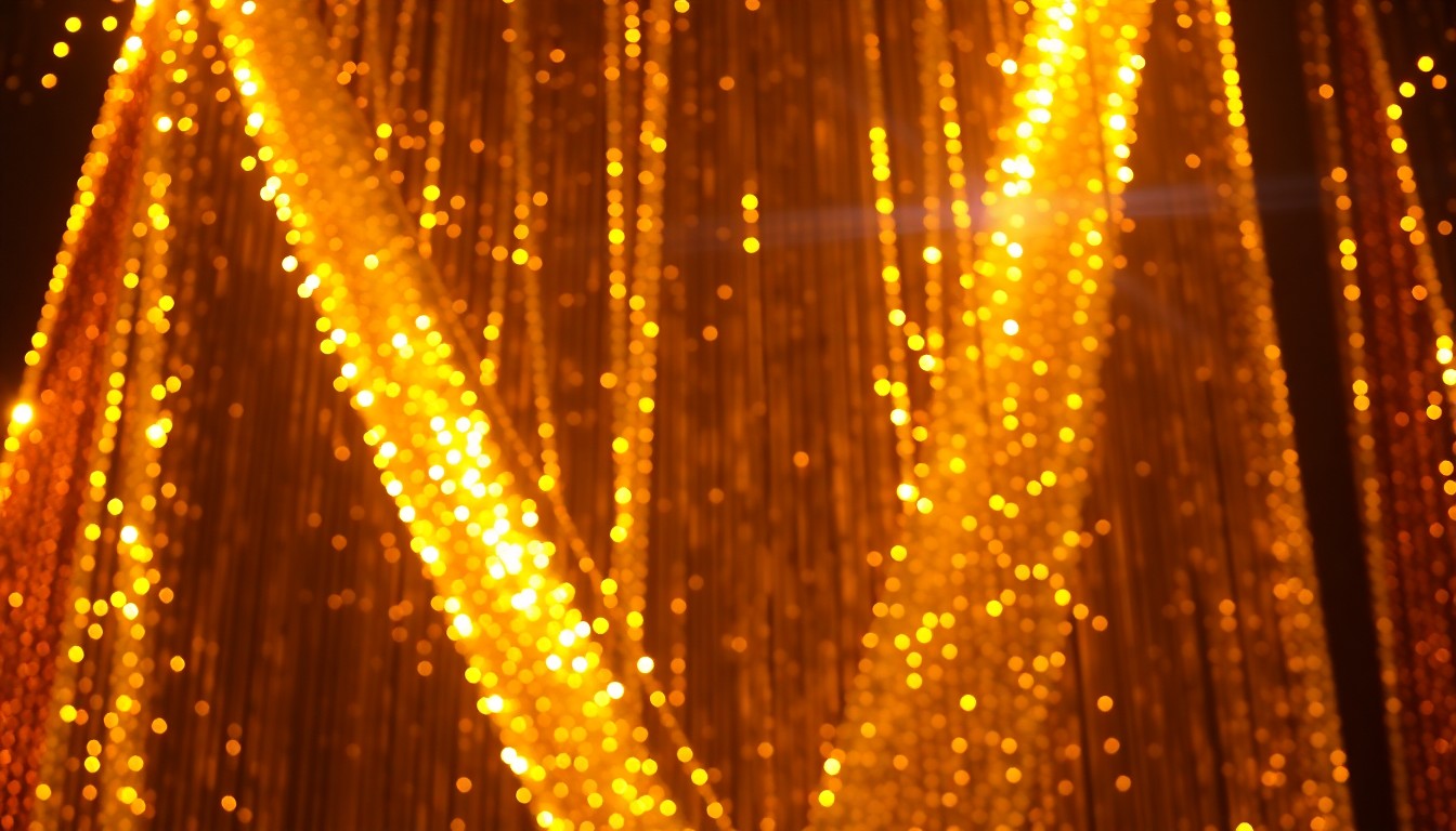 An abstract close-up photograph of glittering gold sequins reflecting dramatic studio lighting, conveying a sense of glamour and excitement.