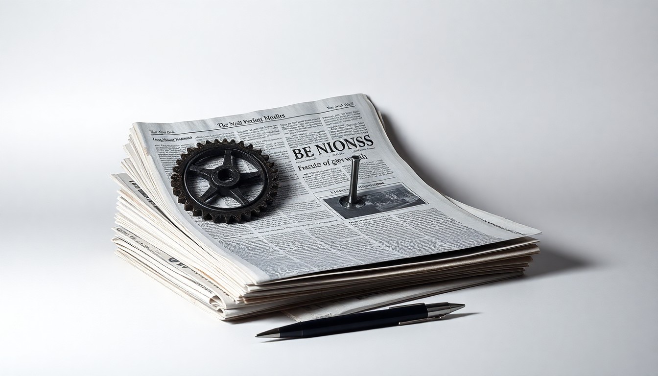 A high-end, photorealistic studio still-life photograph featuring a stack of old newspaper pages, a broken printing press gear, and a single pen, all arranged elegantly on a clean, monochromatic background, conceptually representing the decline of print media and the financial pressures facing local newspapers.