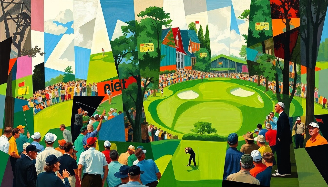 A fractured, multi-perspective painting in the style of Pablo Picasso, breaking down a golf tournament scene into sharp, overlapping geometric planes in a variety of earthy greens, browns, and blues, capturing the energy and drama of the Masters without depicting any specific players or identifiable elements.