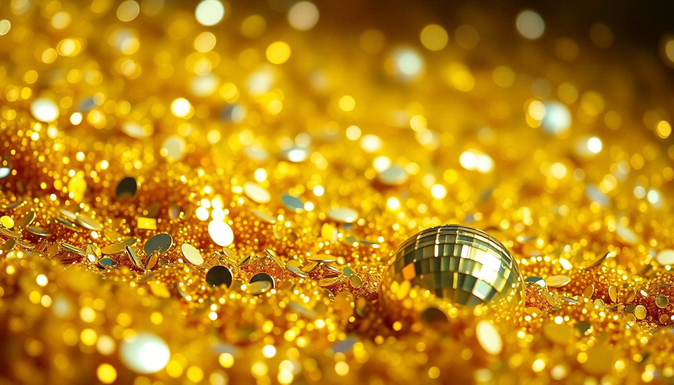 An extreme close-up photograph of shimmering gold sequins and glittering disco ball fragments, capturing the celebratory, high-energy spirit of a major music festival.