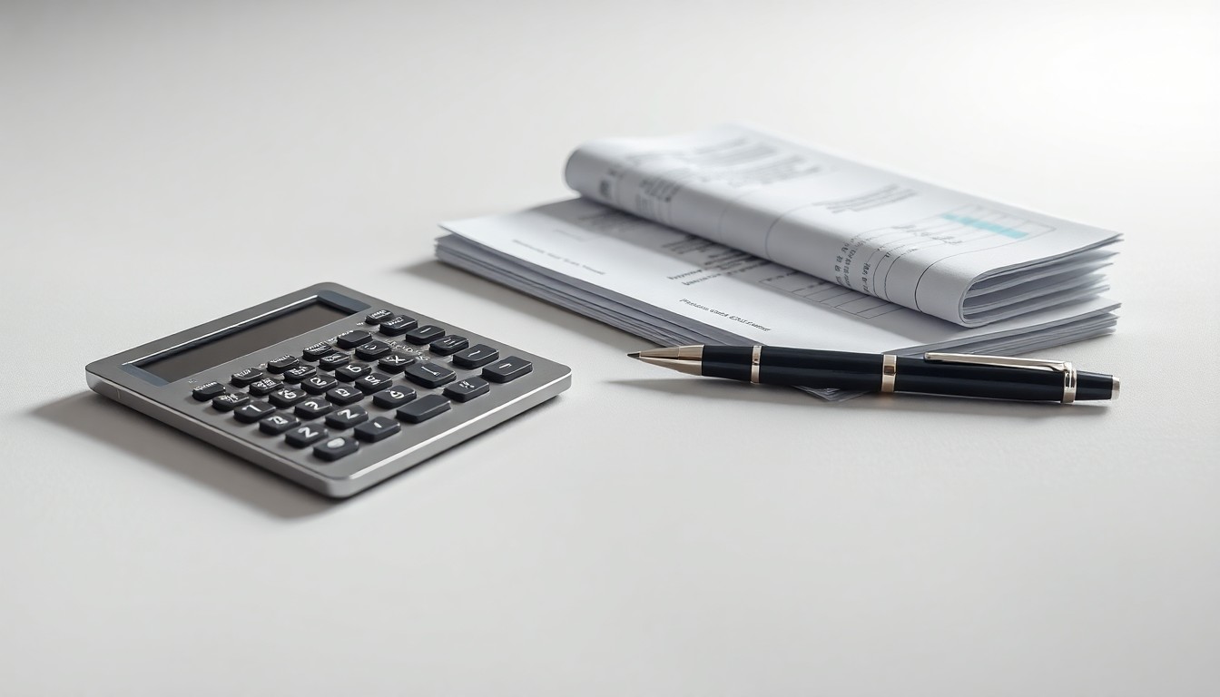 A high-end, photorealistic studio still-life photograph featuring a polished metal calculator, a stack of financial reports, and a pen on a clean, monochromatic background, conceptually representing Valmont's corporate strategy and financial management.
