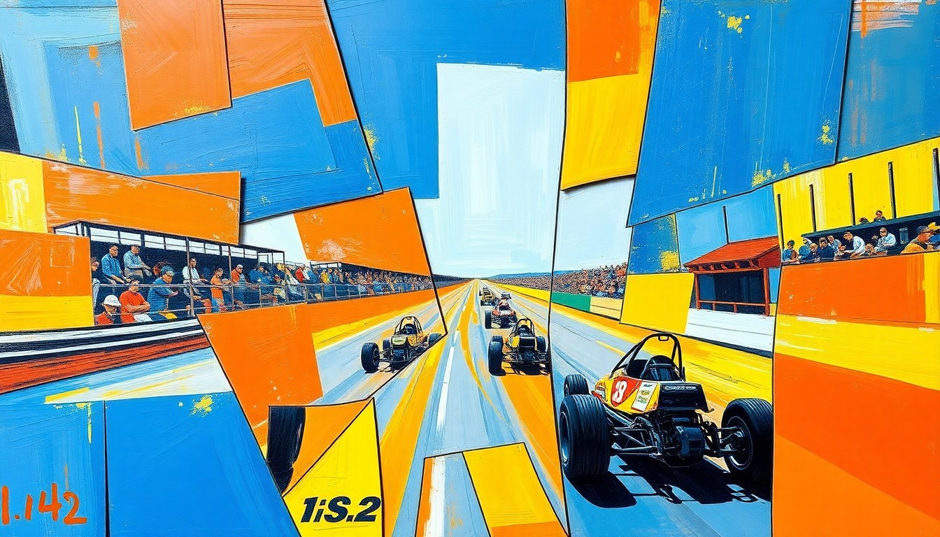A fragmented, geometric painting depicting the motion and intensity of a USAC sprint car race, with sharp planes of bright colors representing the cars, track, and crowd.