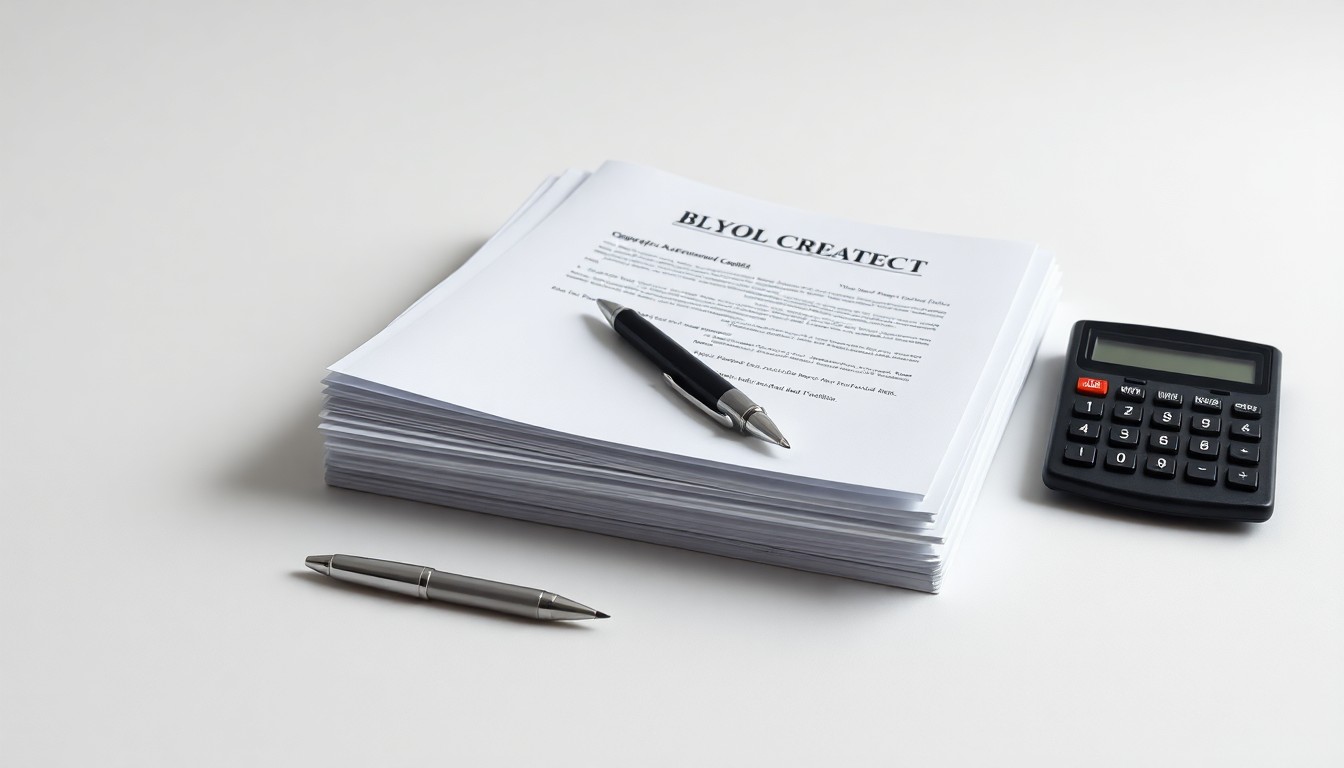 A photorealistic studio still life featuring a stack of legal documents, a pen, and a calculator on a clean, monochromatic background, conceptually representing the abstract corporate strategy and legal complexities around brokerage agreements and commissions.