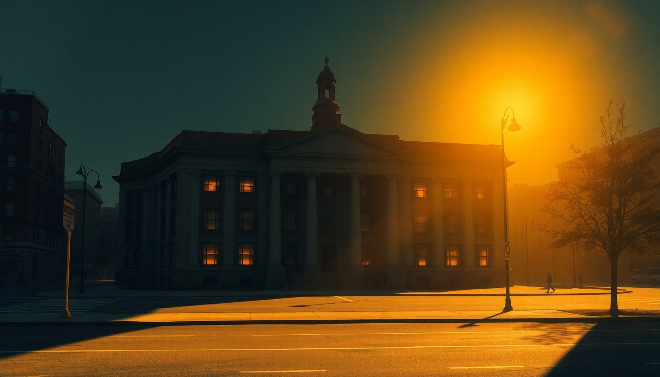 A realistic painting of the Baltimore City Hall building in a warm, cinematic style, with the structure bathed in diagonal sunlight and deep shadows, conveying a sense of quiet contemplation about the role of government oversight.