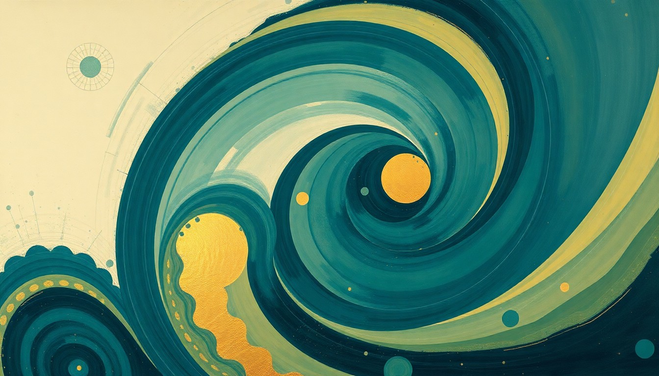 A bold, abstract painting featuring sweeping geometric arcs, concentric planetary circles, and precise botanical spirals in soft, earthy tones of blue, green, and gold, conveying the structural order and complex forces of space exploration.