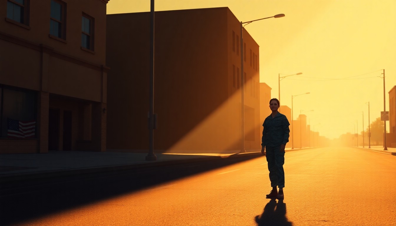 A quiet, cinematic painting of a lone figure standing on an empty military base street, the scene bathed in warm, diagonal sunlight and deep shadows, conceptually illustrating the isolation and tension surrounding the detention of a soldier's immigrant spouse.