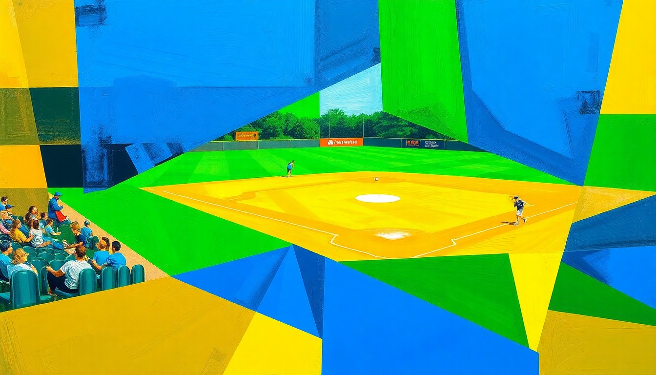 A cubist, geometric painting depicting a high school softball game, with the players and field broken down into sharp, overlapping planes of vibrant colors, capturing the energy and intensity of the sport.
