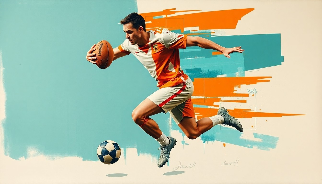 A cubist-style painting depicting a football player in mid-stride, with the player's body and the ball broken down into sharp, overlapping geometric shapes in a palette of teal, orange, and white, conceptually representing the dynamic and multifaceted nature of the player's skills.