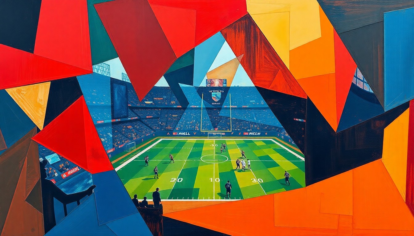 A cubist, geometric painting depicting a fragmented football game, with sharp planes of red, orange, and blue intersecting to create a dynamic, abstract visual representation of the sport.